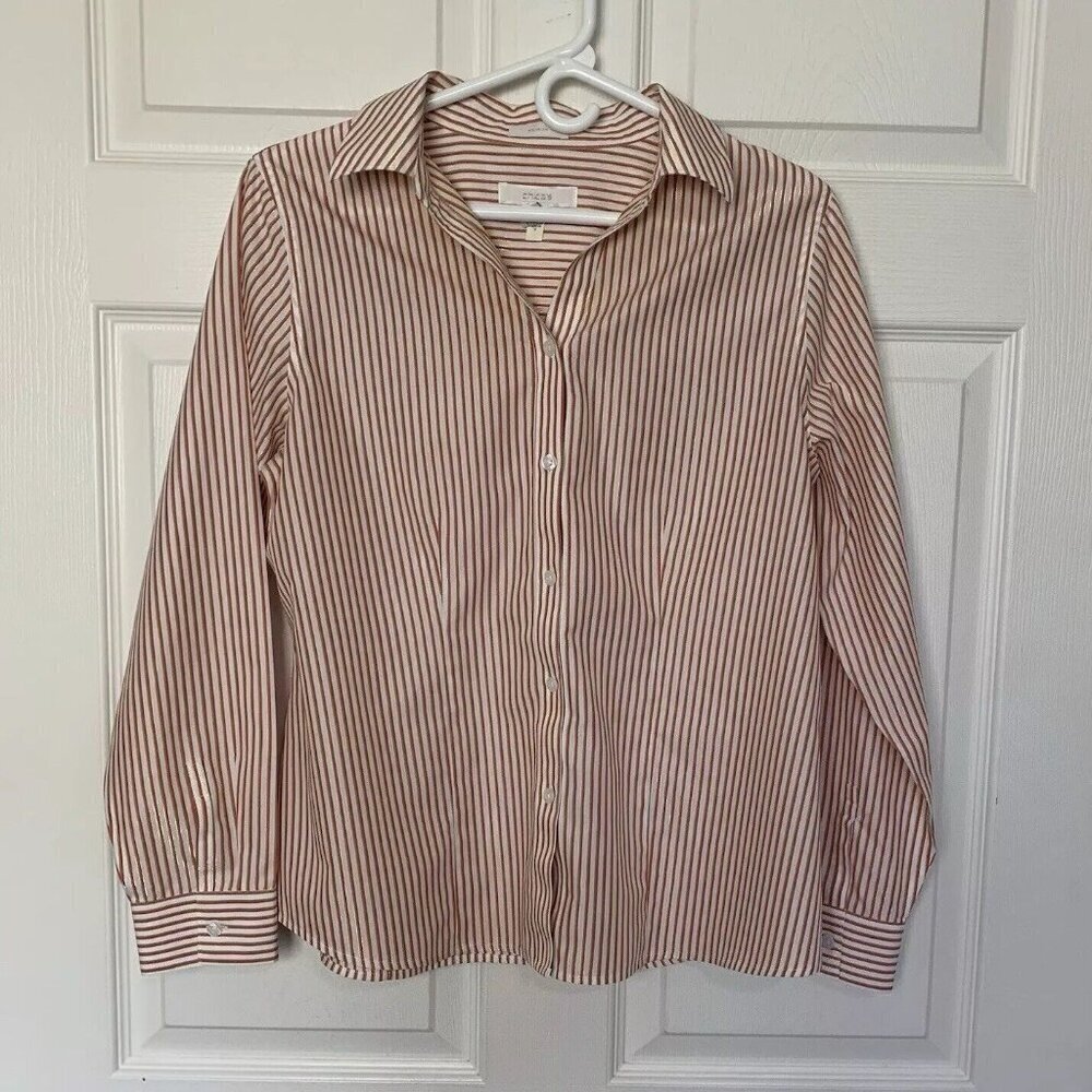 Chico's Women's Small (1) US 8 Button V-Neck White Red Gold Striped Dress Shirt